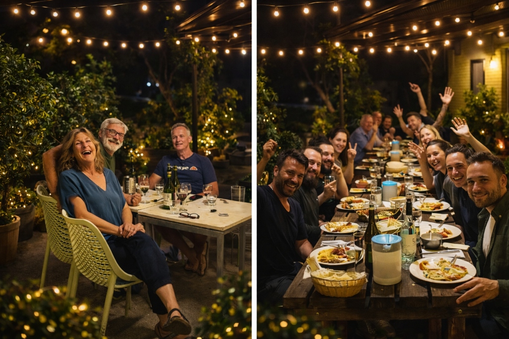Outdoor dining under string lights at Mother India Fremantle